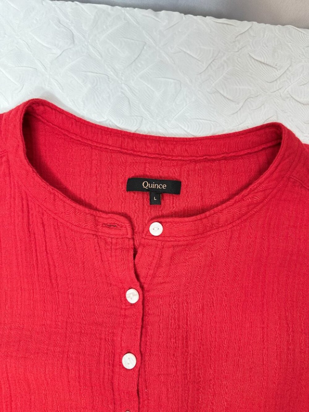 Quince Gauze Cotton Red Short Sleeve Blouse, Large Resort Minimalist Lagenlook - Picture 9 of 9